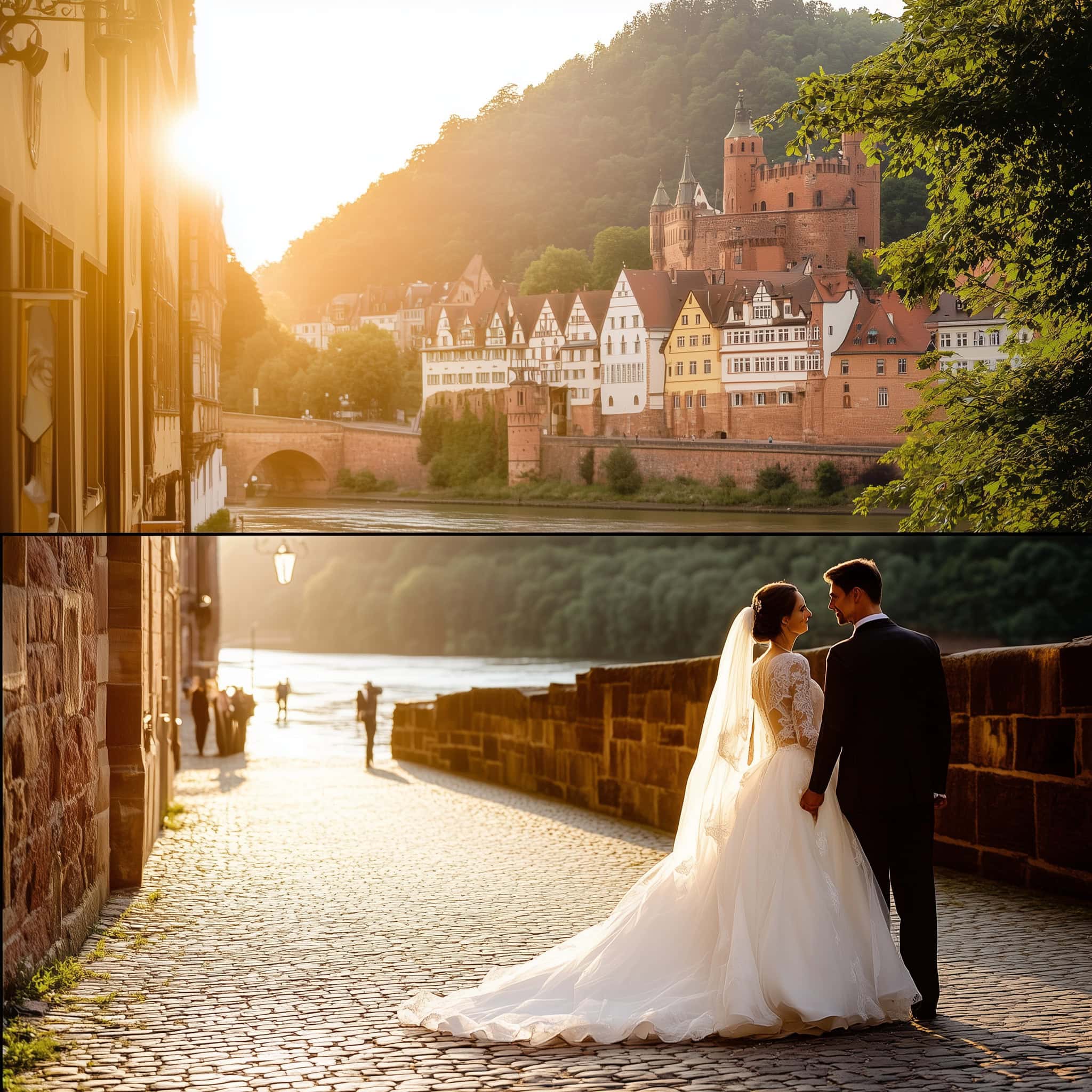 Ein Brautpaar steht bei Sonnenuntergang auf einer Kopfsteinpflasterstraße, im Hintergrund das historische Palais Prinz Carl und ein europäisches Schloss.