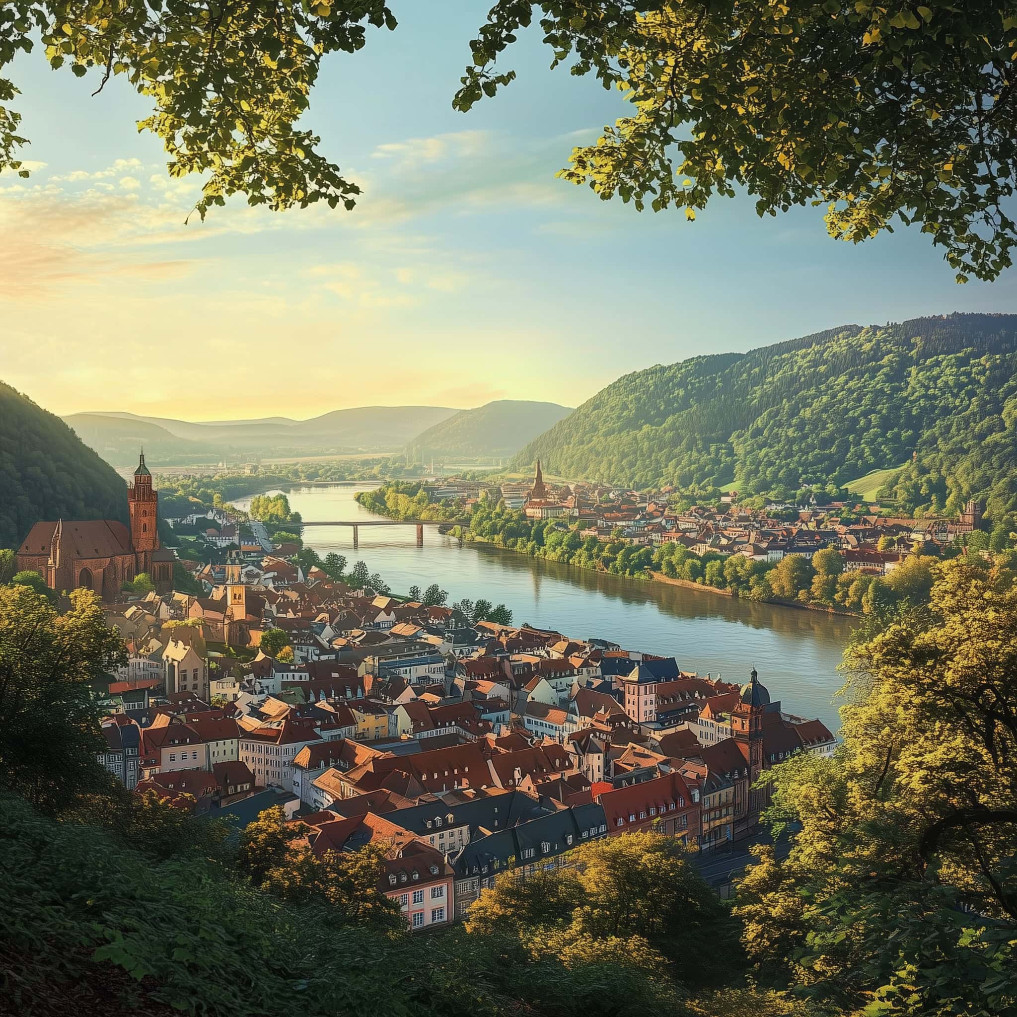 Eine europäische Stadt mit Gebäuden mit roten Dächern und Kirchtürmen liegt an einem Fluss, umrahmt von grünen Hügeln und Bäumen unter einem klaren Sonnenuntergangshimmel. Der nahe gelegene Berggasthof Königstuhl bietet einen atemberaubenden Panoramablick.